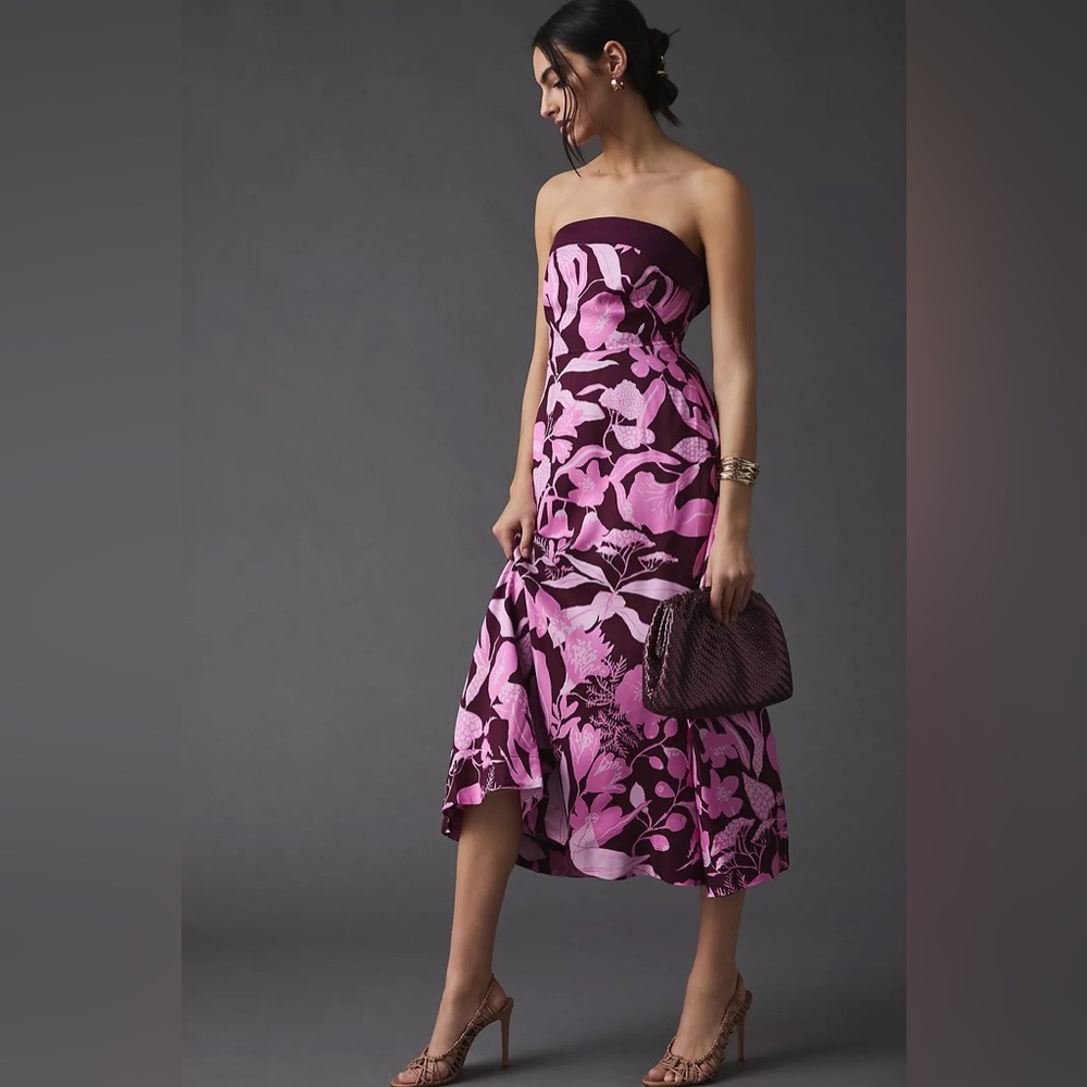 Anthropologie Strapless Purple and Pink Floral Midi Dress